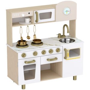 AIYAPLAY Bucătărie de Jucărie pentru Copii cu Plită, Robinet și Accesorii, MDF și Oțel Inoxidabil, 74 x 29 x 81 Cm, Alb | Aosom Romania