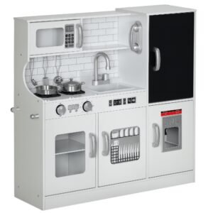 AIYAPLAY Bucătărie pentru copii, bucătărie de jucărie cu telefon, tablă, cuptor cu microunde, cuptor, chiuvetă, accesorii, mașină de cuburi de gheață, 3-8 ani, alb | Aosom Romania