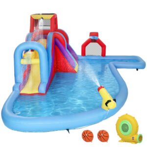 AIYAPLAY Castel Gonflabil Acvatic cu Suflantă 550W Tobogan Perete de Cățărare Piscină Cerc de Baschet Poartă de Fotbal | Aosom Romania