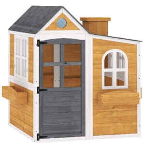 AIYAPLAY Căsuță exterioară pentru copii din lemn, casă pentru copii exterior/interior cu ușă, ferestre, 3 jardiniere, galben | Aosom Romania