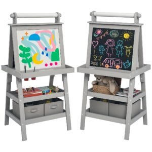 AIYAPLAY Chevalet pentru copii 3 în 1 cu tablou alb magnetic, tablou pentru cretă, roleu de hârtie, 2 coșuri, 3-6 ani, gri | Aosom Romania