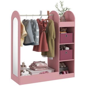 AIYAPLAY Cuier pentru Copii cu Rafturi, Cutii și Oglindă, Mobilier pentru Camera Copilului și Intrare, 92x36x106 cm, Roz | Aosom Romania