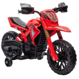 AIYAPLAY Motocicletă Electrică pentru Copii 3-8 Ani, 2 Motoare 12V, Roți Ajutătoare și Claxon, 3 Km/h, 30 Kg, Roșu | Aosom Romania