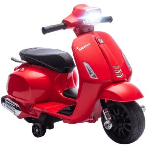 AIYAPLAY Motocicletă Electrică pentru Copii cu Licență Vespa, Baterie Reîncărcabilă 6V, Roți Ajutătoare și Lumini, Roșu | Aosom Romania