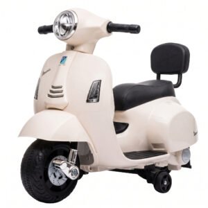 AIYAPLAY Motocicletă electrică pentru copii 1.5-3 ani mini Vespa GTS 7.2V, cu baterie litiu, spătar, roți ajutătoare, far, claxon, 2.5km/h, max. 25 Kg, alb crem | Aosom Romania