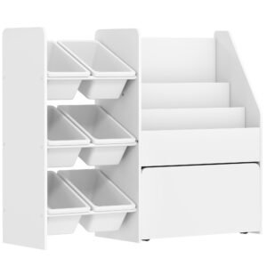 AIYAPLAY Raft pentru jucării cu 6 coșuri, 3 rafturi, din lemn, plastic și oțel, 100x30x80 cm, alb | Aosom Romania