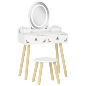 AIYAPLAY Set Măsuță și Scaun pentru Copii cu Oglindă cu Lumini LED în 3 Culori, Sertar, Cutii de Depozitare, pentru 3+ Ani, Alb | Aosom Romania