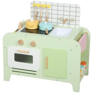 AIYAPLAY Set de Bucătărie de Jucărie din Lemn pentru Copii de 3+ Ani cu 15 Accesorii, Verde | Aosom Romania