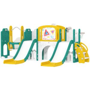 AIYAPLAY Set de topire și leagăn 9 în 1 pentru Copii, cu Coș de Baschet, Telescop, Tablă de Desen, Design de Broască, Galben+Verde | Aosom Romania