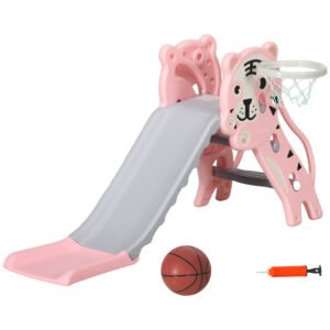AIYAPLAY Tobogan pentru Copii 18-36 Luni cu Coș de Baschet Lateral și Tobogan din Plastic, 133x60x70 cm, Roz | Aosom Romania