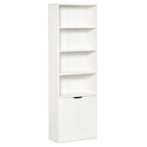 Biblioteca Moderna HOMCOM 4 Etajere cu Dulapior din Lemn cu 2 Usi, Mobilier Multifunctional pentru Living si Birou 59x29x180cm, Alba | Aosom Romania