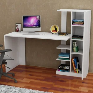 Birou cu bibliotecă 150×55x120 cm – PAL alb Elena