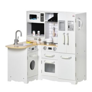 Bucatarie jucarie pentru copii 3-6 ani cu 2 oale, 3 cutite si furculite, 2 sticle si multe altele, alba, 82x65x87cm HOMCOM | Aosom Romania