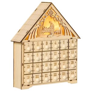 Calendar Advent din Lemn 24 Sertare Decoratiune de Craciun cu Nasterea Domnului Sculptata si Luminite, 26.6x6x30cm HOMCOM | Aosom RO