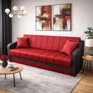 Canapea ALEX extensibila, 3 locuri, cu lada de depozitare, stofa catifelata maro cu rosu, 220x90x90 Maro + Rosu