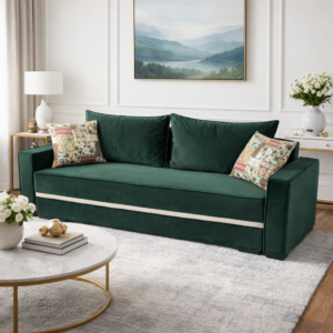 Canapea LARISA extensibila, 3 locuri, cu lada de depozitare, culoare verde padure , 220x95x85 Verde padure, Catifea