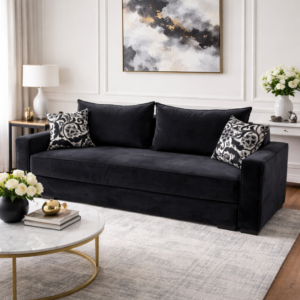 Canapea LARISA extensibila, 3 locuri, lada de depozitare , catifea negru, 220x95x85 Negru, Catifea