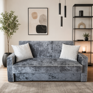 Canapea SAMY GRANDE extensibila, 2 locuri, cu lada de depozitare, catifea plusata gri , cadru metalic , 180x100x92 cm Gri, Catifea plusata