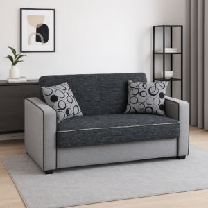Canapea SAMY NEXT extensibila, 2 locuri, cu lada de depozitare, stofa gri cu negru, cadru metalic, 152x100x92 cm Gri + Negru, stofa