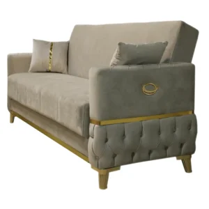 Canapea extensibila cu lada de depozitare 220x90x97 cm – stofa bej, insertii aurii – Vegas