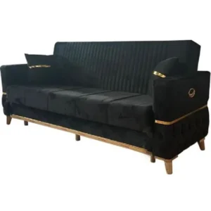 Canapea extensibila cu lada de depozitare 220x90x97 cm – stofa neagra, detalii aurii – Vegas
