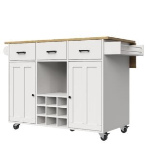Cărucior de bucătărie cu blat rabatabil, 3 sertare, 2 uși, compartiment pentru vin și suport pentru prosoape, 124x40/65x91,5 cm, Alb
