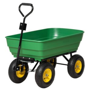 Cărucior de grădină Outsunny 125L din oțel și PP cu cadă rabatabilă și mâner de transport, 118x58x102 cm, de culoare verde închis | Aosom Romania