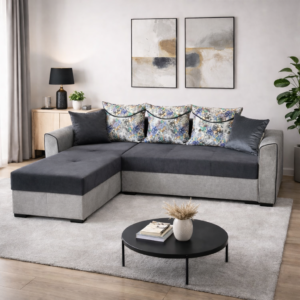 Coltar Lori, 4 locuri, cu 2 lazi de depozitare, catifea, 260x95x80 cm, culoare gri inchis cu gri deschis Stânga, catifea, Gri Inchis + Gri Deschis