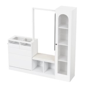 Combinație 6-în-1 pentru intrare cu iluminare LED, set cuier, masă de toaletă, bancă pentru pantofi, dulap rabatabil pentru pantofi și vitrină din sticlă, 163x35x161 cm, Alb