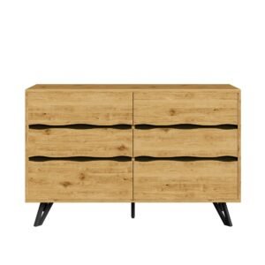 Comodă cu 6 sertare, picioare metalice, mult spațiu de depozitare, 120x40x75,5 cm, Culoare naturală