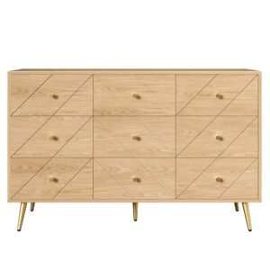 Comodă cu 9 sertare, cu mult spațiu de depozitare, modele geometrice, 120x39x80 cm, Culoare naturală
