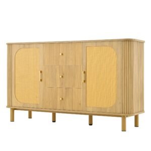 Comodă cu uși din ratan, design curbat, 140x40x80 cm, Culoare naturală