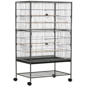 Cusca papagali de Interior din Otel si Lemn cu Tavă Detasabila, 4 Roți, Recipient pentru Alimente 78x52x132cm, Gri Inchis PawHut | Aosom Romania