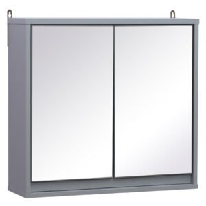 Dulapior de Baie de Perete cu Usa Dubla din Sticla cu Raft Reglabil, Gri,48x14.5x45cm HOMCOM | Aosom Romania