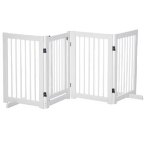 Grilă pentru câini PawHut cu picioare de susținere 204 x 75 cm din lemn, Grilă de protecție pentru câini cu uși pentru scări, uși, bucătărie, hol, 4 panouri, Alb | Aosom Romania