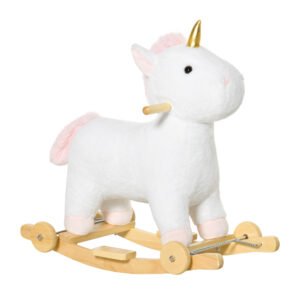 HOMCOM Balansoar pentru copii 2 in 1cu Roti, Sunete Integrate, Balansoar Unicorn Leagan 36-72 luni,63x38x63cm, Alb | Aosom Romania