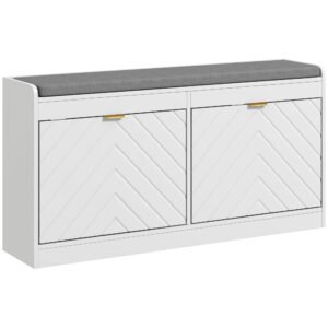 HOMCOM Banc pentru pantofi, banc de depozitare, șezut căptușit, sertar rabatabil, ușă cu model 106 x 24 x 52,5 cm, alb | Aosom Romania
