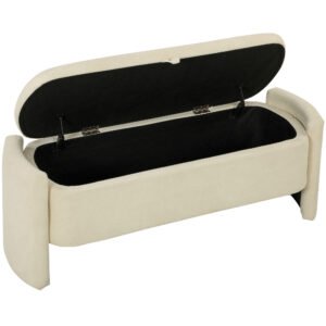 HOMCOM Bancă capăt de pat, 118x42x45cm, banc de depozitare tapițat în material bouclé, picioare din lemn de eucalipt, Crem | Aosom Romania