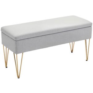 HOMCOM Bancă cu Depozitare din Material Textil și Picioare din Oțel, 100x40x49 cm, Gri Deschis | Aosom Romania