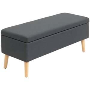 HOMCOM Bancă tapițată cu depozitare, bancă de dormit în model de in, lemn de cauciuc, 110 x 39 x 45 cm, Gri închis | Aosom Romania
