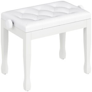 HOMCOM Banchetă de pian, banchetă pentru claviatură cu înălțime reglabilă din lemn masiv, șezut căptușit, 64 x 35 x 45-55 cm, alb | Aosom Romania