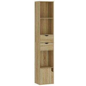 HOMCOM Bibliotecă Îngustă cu 6 Rafturi, Sertare, Ușă și Polițe Deschise, 30x24x158 cm, Stejar | Aosom Romania
