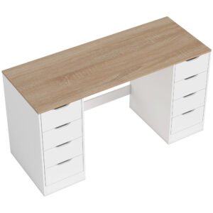 HOMCOM Birou de 140 cm pentru calculator, 8 sertare, birou pentru homeoffice, dormitor, oțel, lemn, alb | Aosom Romania