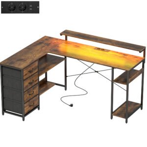 HOMCOM Birou de gaming în formă de L cu priză integrată, iluminare LED, 4 sertare, suport monitor 155x110x91,4 cm Maro | Aosom Romania