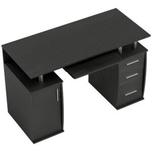 HOMCOM Birou pentru calculator 120 x 55 cm cu raft glisant pentru tastatură, 3 sertare, pentru dormitor, acasă, negru | Aosom Romania