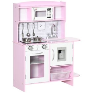 HOMCOM Bucătărie de Jucărie pentru Copii, cu Lumini și Sunete, Dozator Apă, Chiuvetă și Accesorii, MDF, PP, Roz | Aosom Romania