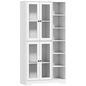 HOMCOM Bufet Bucătărie Înalt, Dulap Dispensa cu 4 Uși din Sticlă Soft-Close, 6 Rafturi Deschise, Rafturi Reglabile, Alb | Aosom Romania