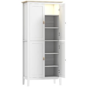 HOMCOM Bufet Înalt de Bucătărie 177 cm, Dulap cu Lumină LED, Reglabil în 3 Culori, Rafturi Ajustabile, Alb | Aosom Romania