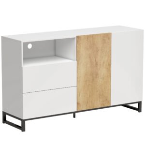 HOMCOM Bufet Modern 140 cm cu Poliță Deschisă, Alb și Stejar | Aosom Romania