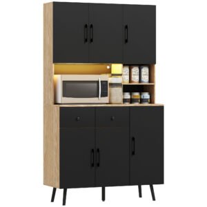 HOMCOM Bufet bucătărie mobilier bucătărie depozitare înalt cu lumină LED RGB plan de lucru 6 uși 2 sertare 100x40x176cm negru | Aosom Romania